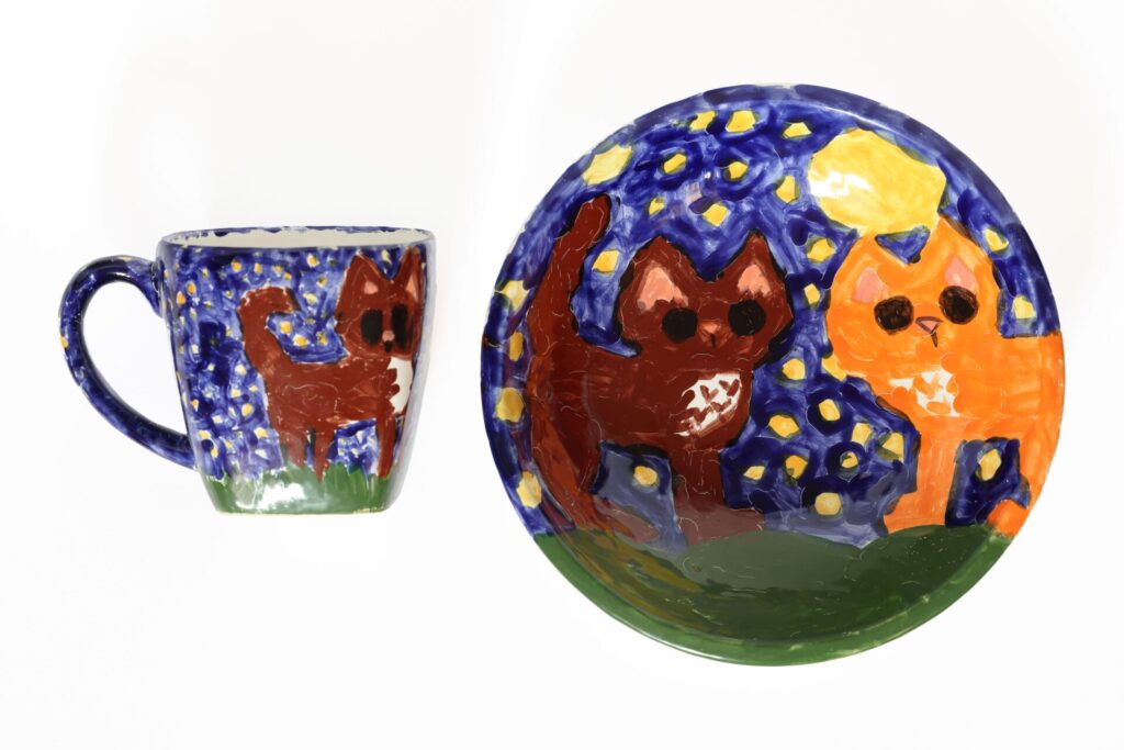 Maľovaný hrnček s tanierikom. Terezka 8-9 rokov